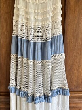Bohemian Ruffled Crochet Tiered Maxi Skirt in Cream and Light Blue
